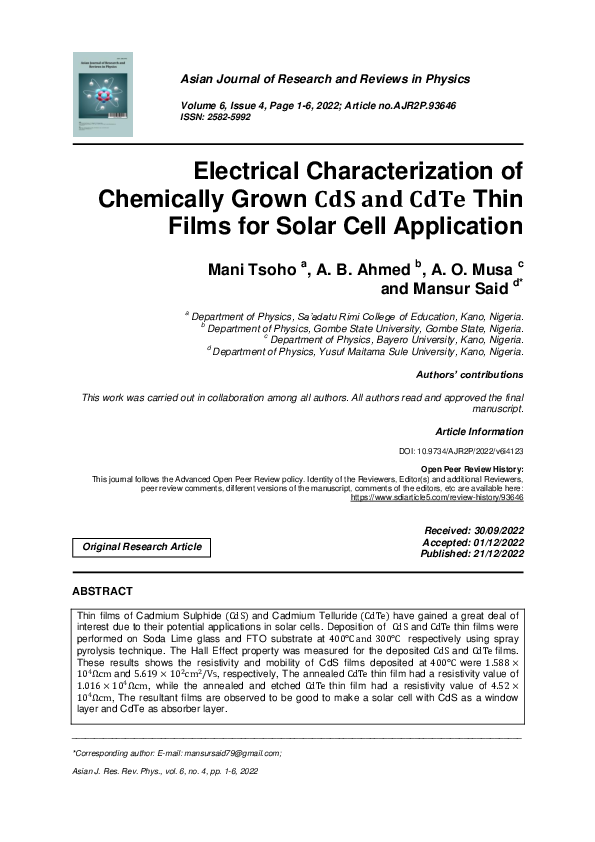 (PDF) Electrical Characterization of Chemically Grown CdS and CdTe Thin ...