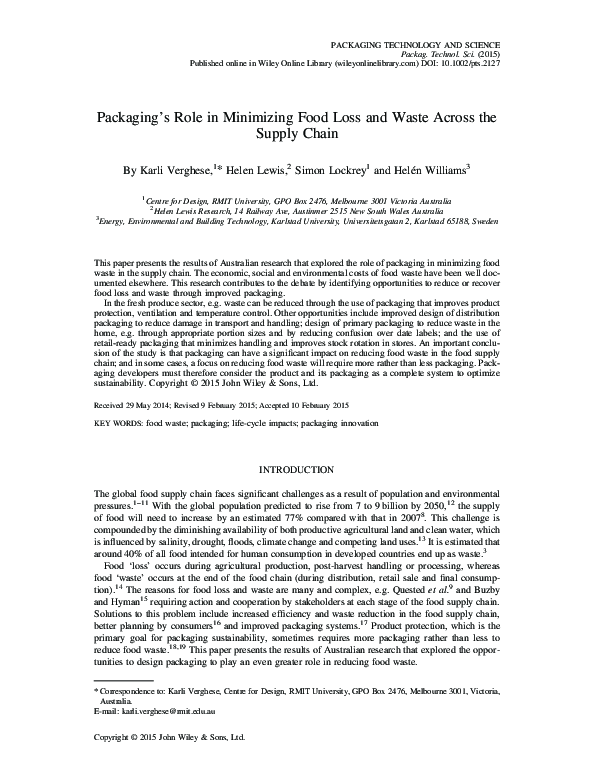 (PDF) Packaging's Role in Minimizing Food Loss and Waste Across the ...