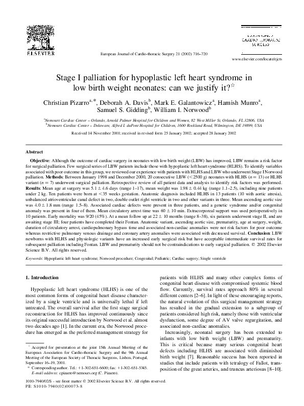 (PDF) Stage I palliation for hypoplastic left heart syndrome: Norwood ...