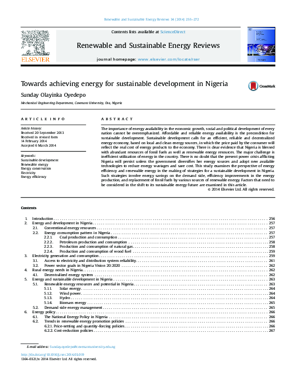 (PDF) Towards achieving energy for sustainable development in Nigeria
