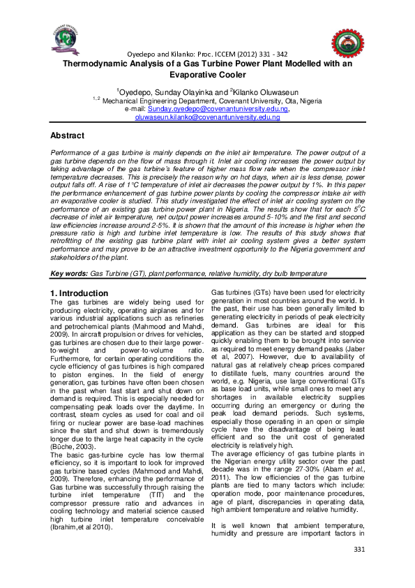 Pdf Thermodynamic Analysis Of A Gas Turbine Power Plant Modelled With