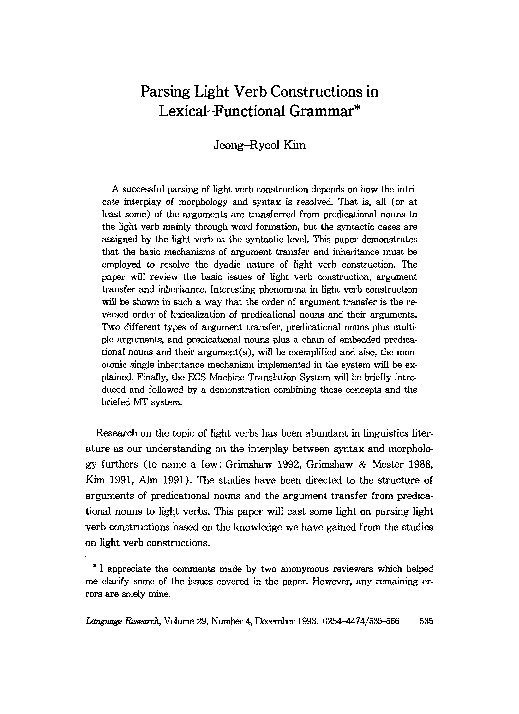 (PDF) Parsing Light Verb Constructions in Lexical-Functional Grammar