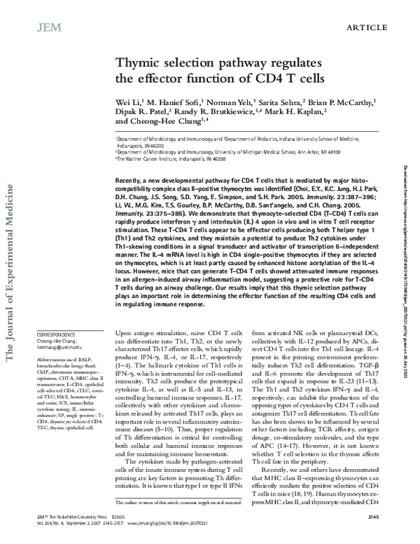 (PDF) Thymic selection pathway regulates the effector function of CD4 T ...