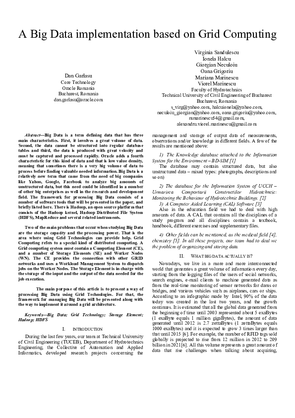 (PDF) A big data implementation based on Grid computing | Giorgian ...