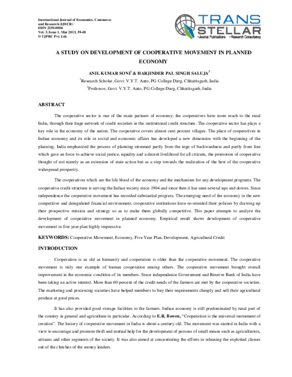 (PDF) A Study on Development of Cooperative Movement in Planned Economy