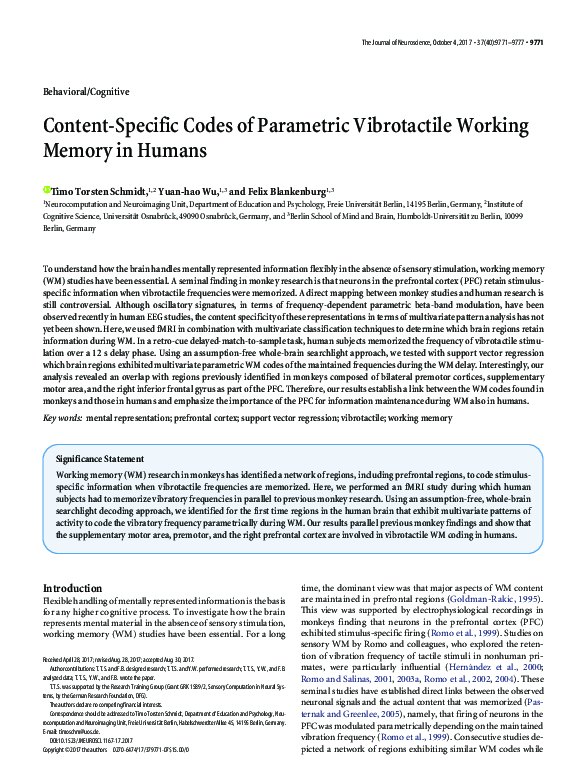 (PDF) Content-Specific Codes of Parametric Vibrotactile Working Memory ...