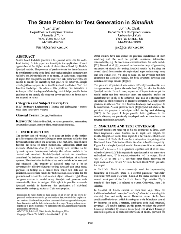 (PDF) The state problem for test generation in Simulink