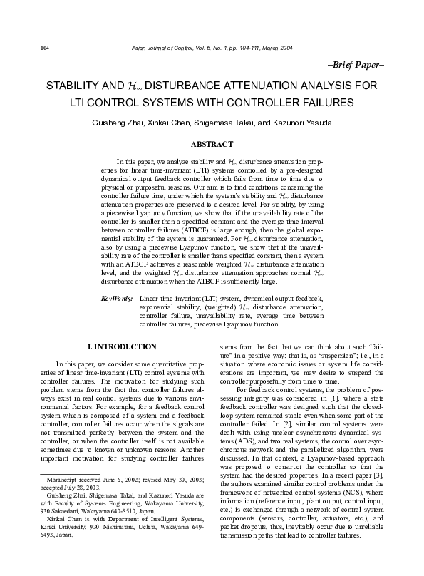 (PDF) Stability and H∞ Disturbance Attenuation Analysis for Lti Control ...