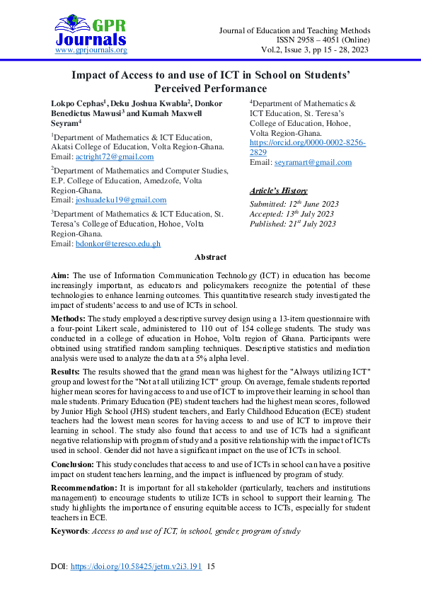 (PDF) Impact of Access to and use of ICT in School on Students ...