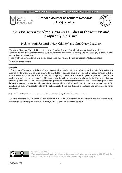 (PDF) Systematic review of meta-analysis studies in the tourism and ...