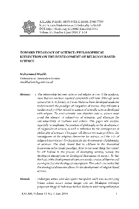 (PDF) Toward Theology of Science: Philosophical Reflection On The ...