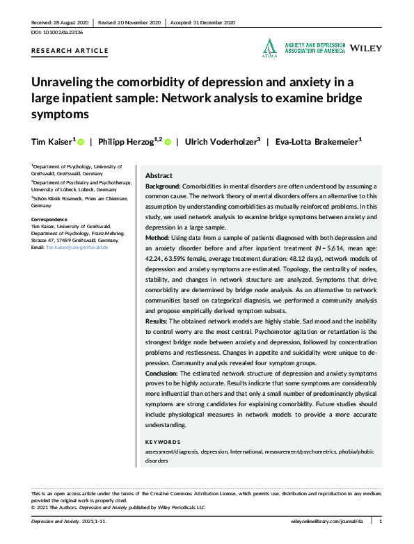 (PDF) Unraveling the comorbidity of depression and anxiety in a large ...