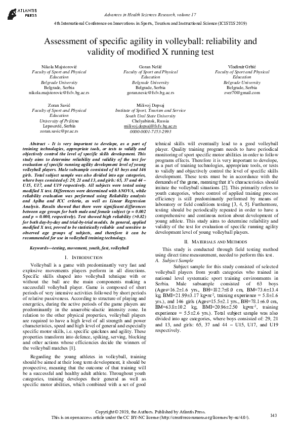 (PDF) Assessment of specific agility in volleyball: reliability and ...