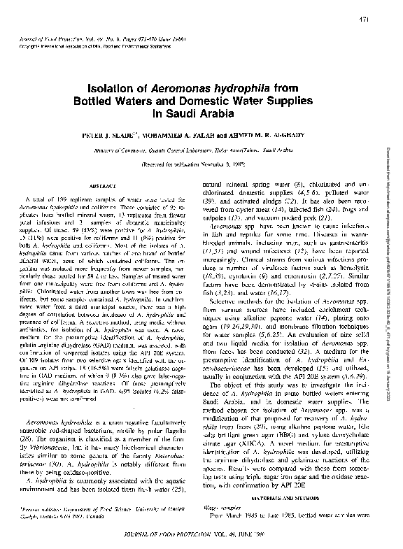 (PDF) Isolation of Aeromonas hydrophila from Bottled Waters and ...