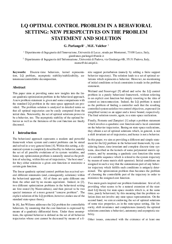 (PDF) LQ optimal control problem in a behavioral setting: New ...