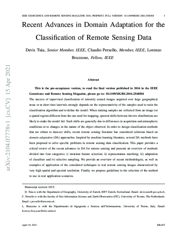 (PDF) Domain Adaptation for the Classification of Remote Sensing Data ...