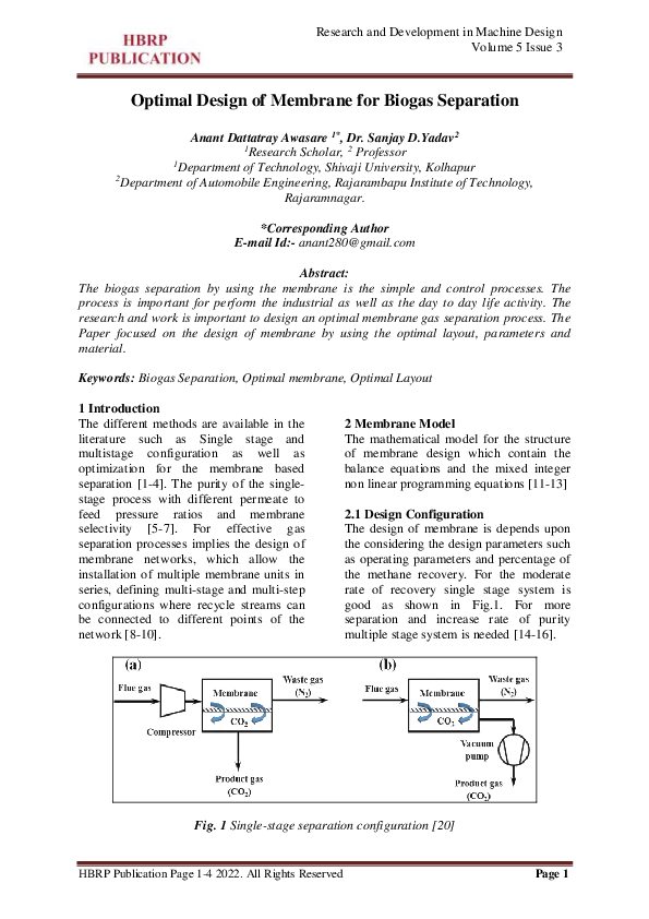 (PDF) Optimal Design of Membrane for Biogas Separation