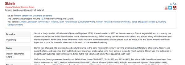 „Skírnir,“ The Literary Encyclopedia, Volume 1.3.4: Icelandic Writing and Culture (2023).