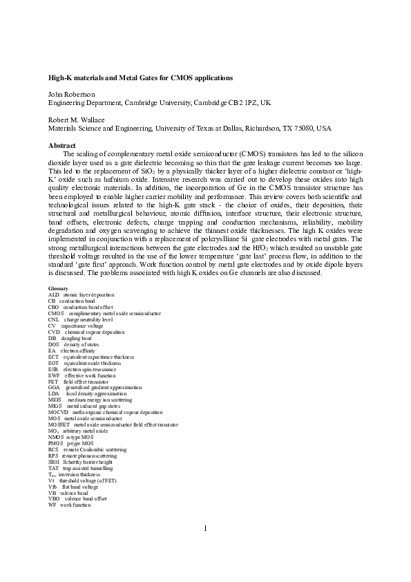 PDF) High-K materials and metal gates for CMOS applications