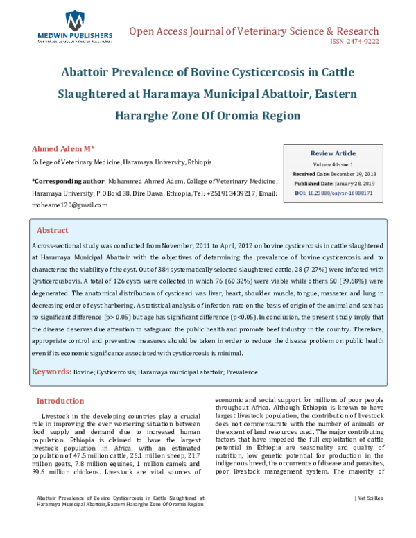 (PDF) Abattoir Prevalence of Bovine Cysticercosis in Cattle Slaughtered ...