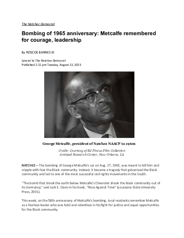 (DOC) Bombing of 1965 anniversary Metcalfe remembered for courage