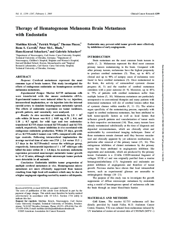 (PDF) Therapy of Hematogenous Melanoma Brain Metastases with Endostatin