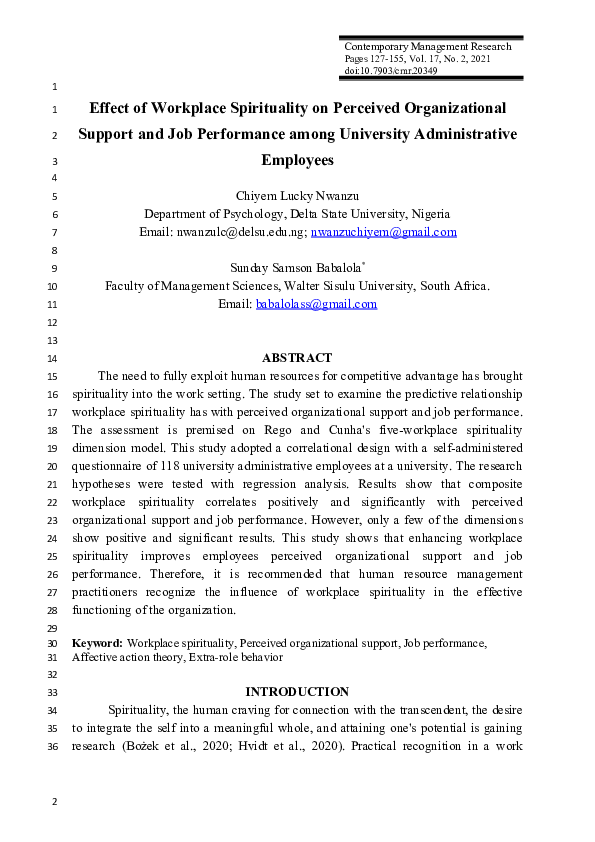 (DOC) Effect of Workplace Spirituality on Perceived Organizational ...