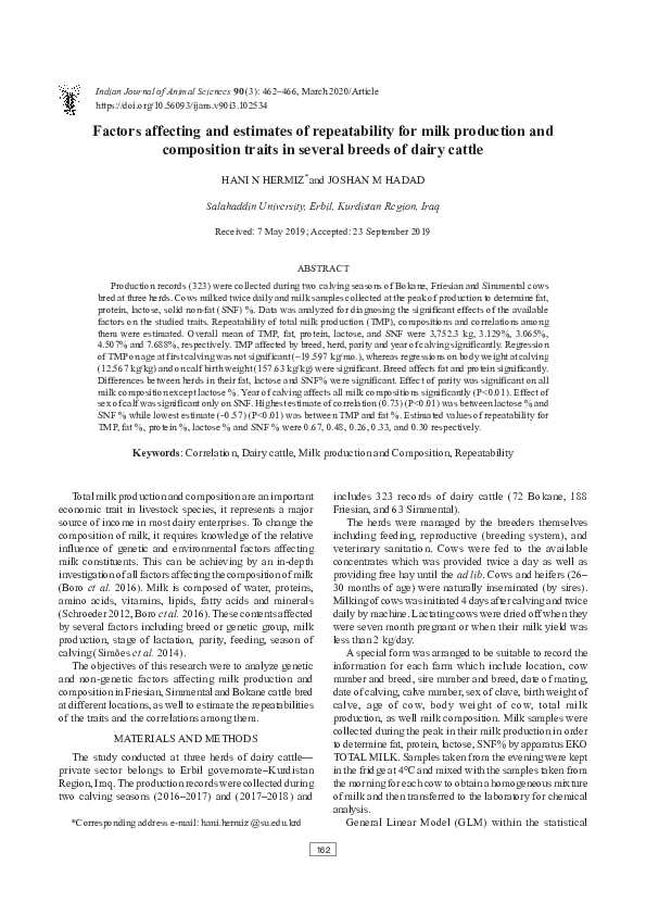 (PDF) Factors affecting and estimates of repeatability for milk ...