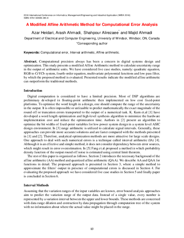 (PDF) A Modified Affine Arithmetic Method for Computational Error Analysis