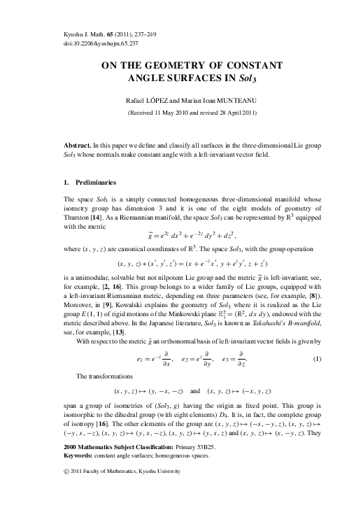 (PDF) ON THE GEOMETRY OF CONSTANT ANGLE SURFACES IN Sol3