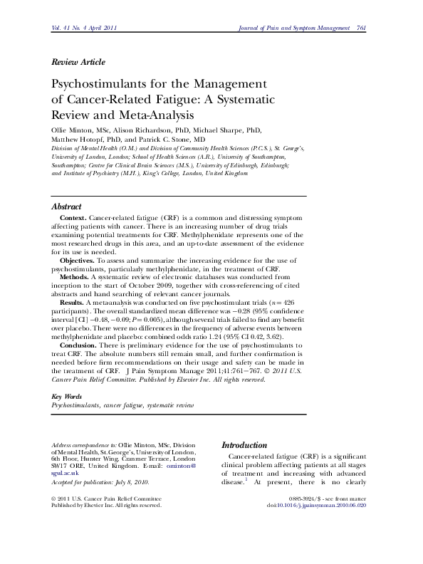 (PDF) Psychostimulants for the Management of CancerRelated Fatigue A