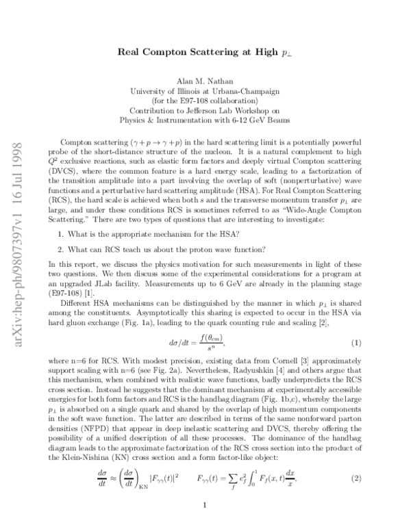(PDF) Real Compton Scattering at High Transverse Momentum Transfer
