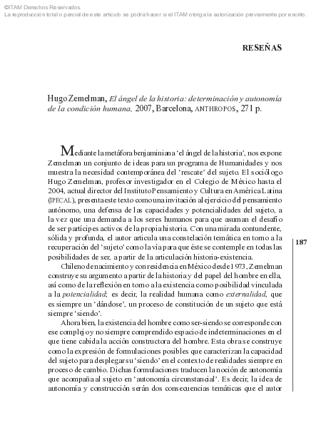 Hugo Zemelman. El ángel de la historia: determinación y autonomía humana