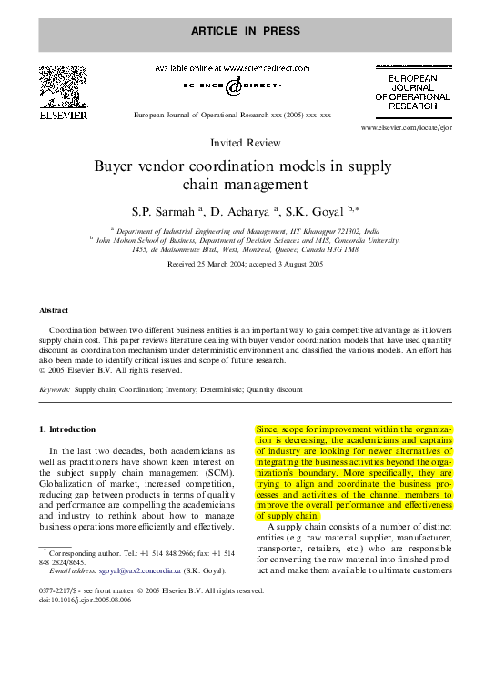 (PDF) Buyer vendor coordination models in supply chain management