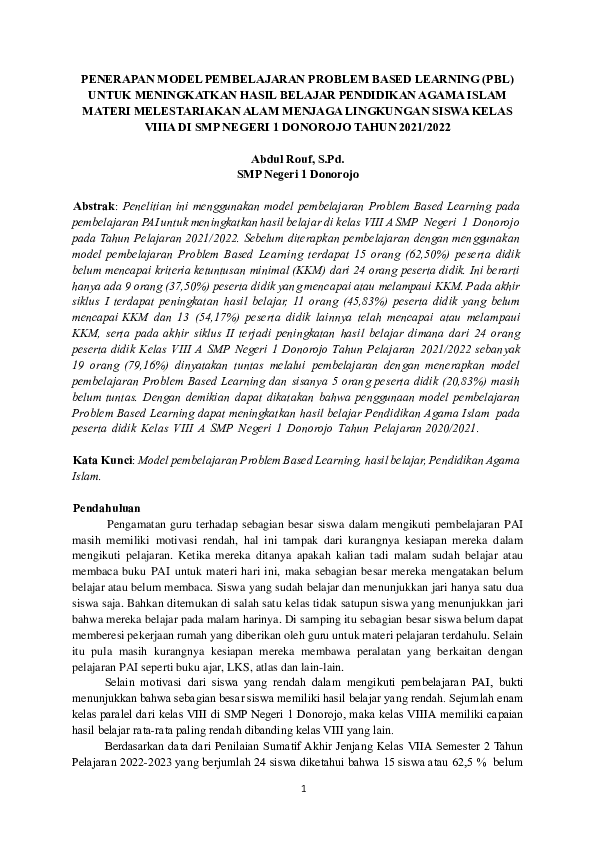 (PDF) PENERAPAN MODEL PEMBELAJARAN PROBLEM BASED LEARNING (PBL) UNTUK ...
