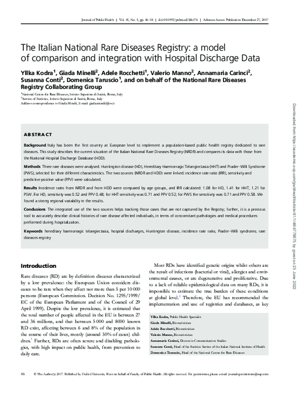 (PDF) The Italian National Rare Diseases Registry: a model of ...