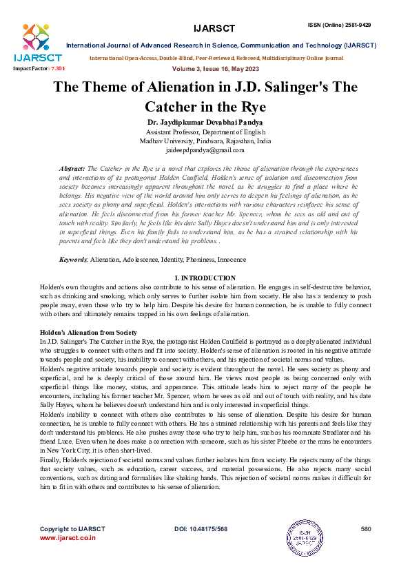 (PDF) The Theme of Alienation in J.D. Salinger's The Catcher in the Rye