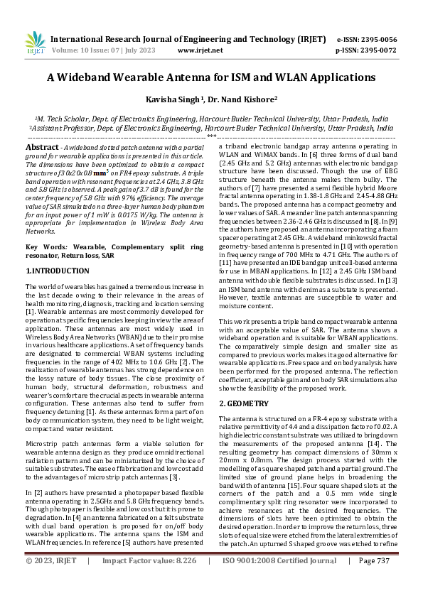 (PDF) A Wideband Wearable Antenna for ISM and WLAN Applications