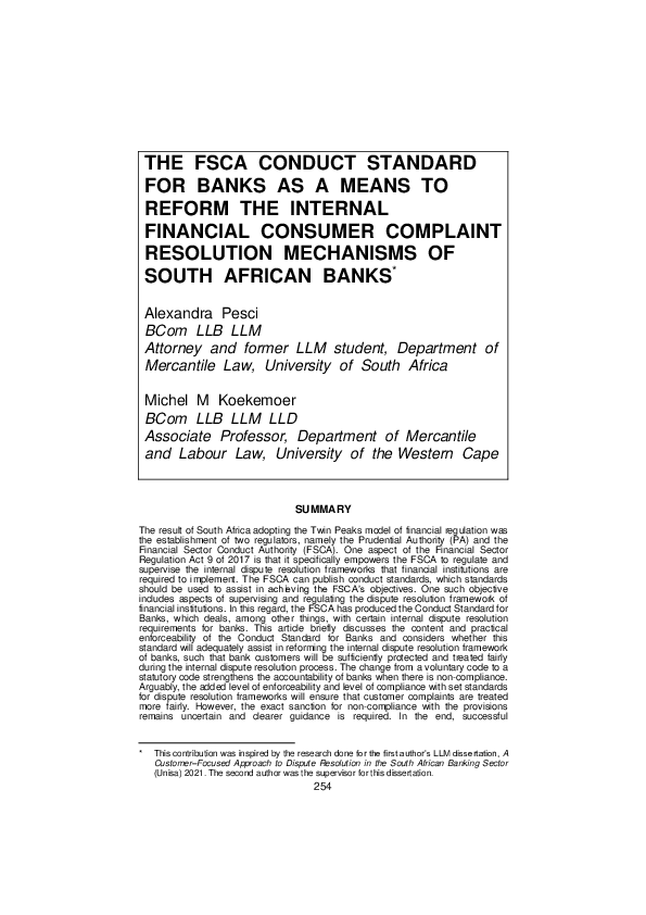 (PDF) The Fsca Conduct Standard for Banks as a Means to Reform the ...