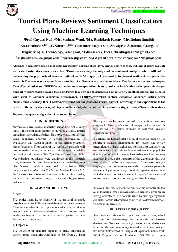 (PDF) Tourist Place Reviews Sentiment Classification Using Machine ...