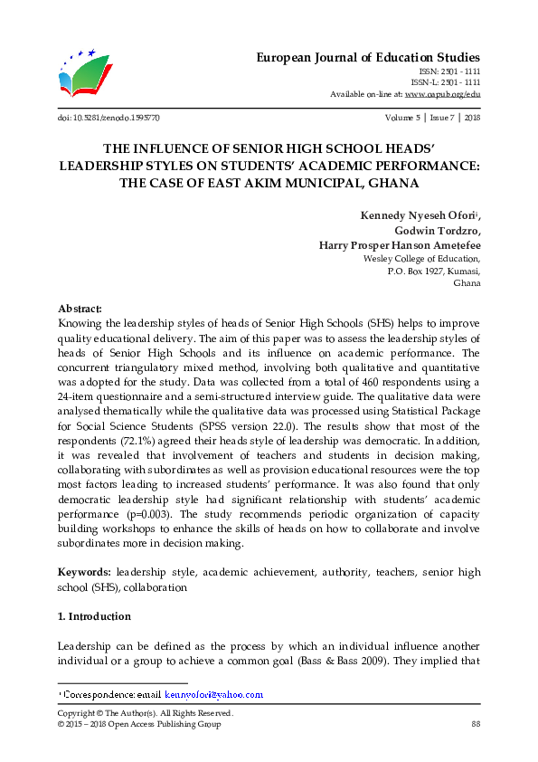 (PDF) The Influence of Senior High School Heads’ Leadership Styles on ...
