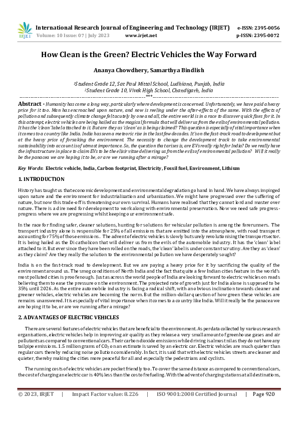 How Clean is the Green? Electric Vehicles the Way Forward