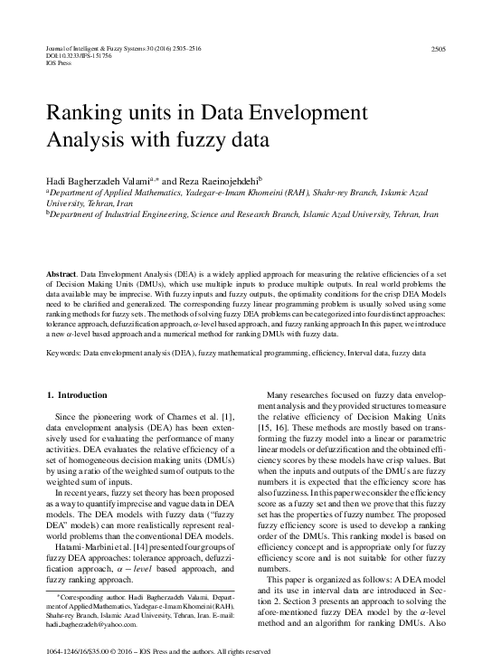 (PDF) Ranking units in Data Envelopment Analysis with fuzzy data