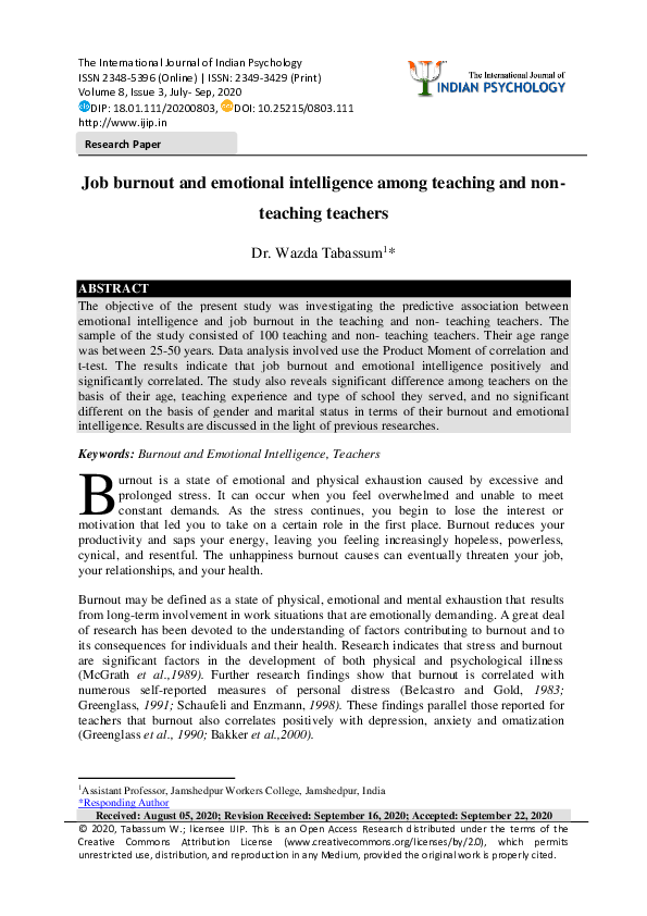 (PDF) Job burnout and emotional intelligence among teaching and non ...