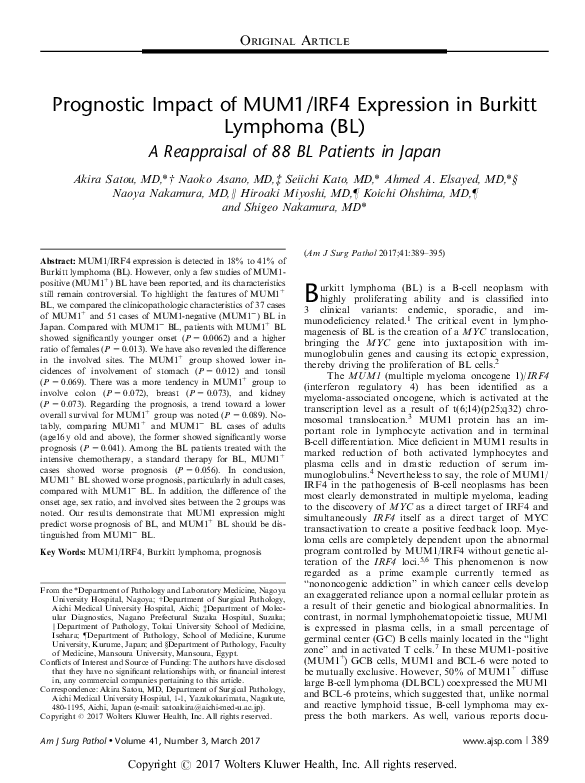 (PDF) Prognostic Impact of MUM1/IRF4 Expression in Burkitt Lymphoma (BL ...