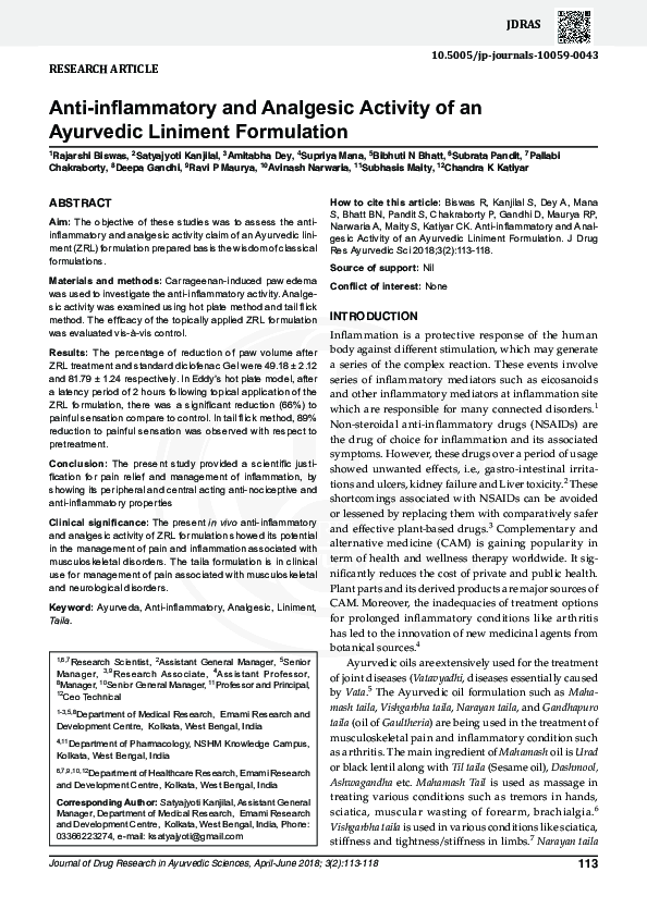 (PDF) Anti-inflammatory and Analgesic Activity of an Ayurvedic Liniment ...