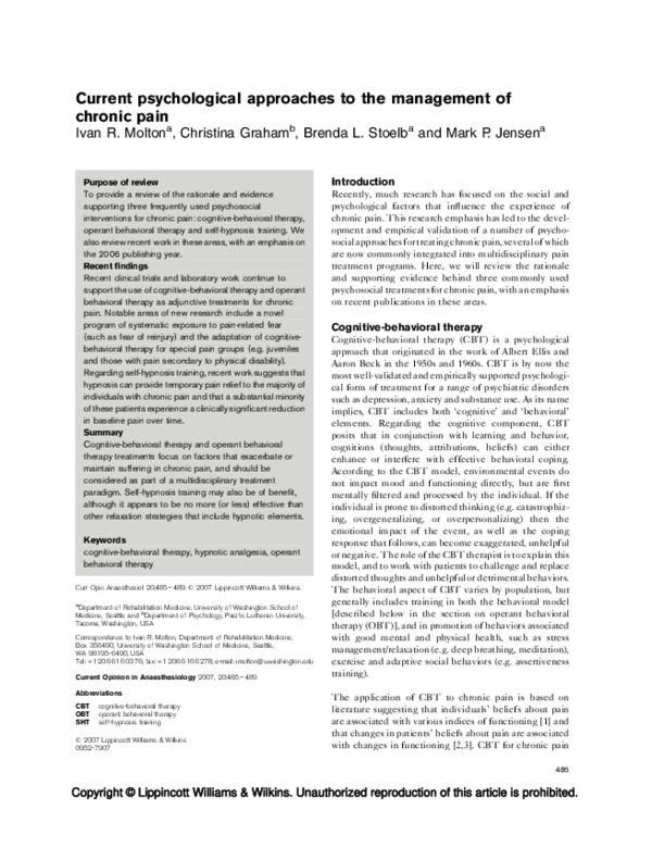PDF Current psychological approaches to the management of chronic pain