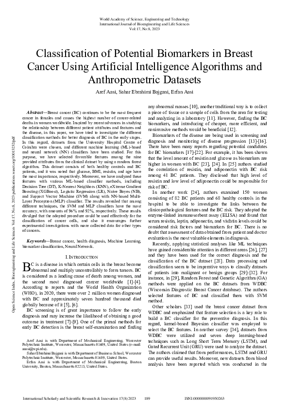 (PDF) Classification of potential biomarkers in breast cancer