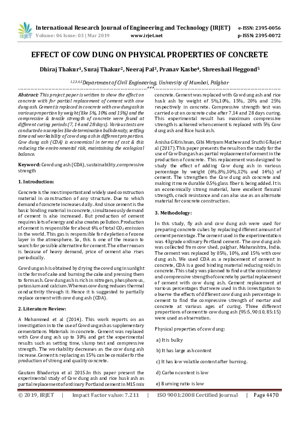 (PDF) Effect of Cow Dung on Physical Properties of Concrete