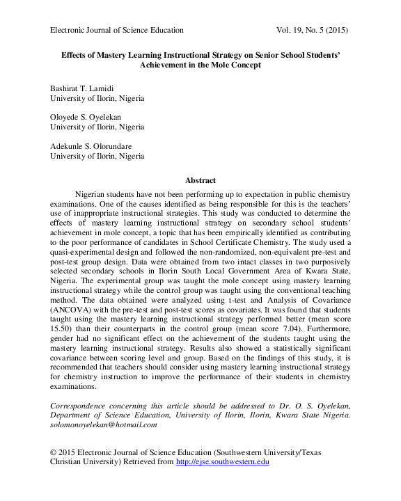 (PDF) Effects of Mastery Learning Instructional Strategy on Senior ...